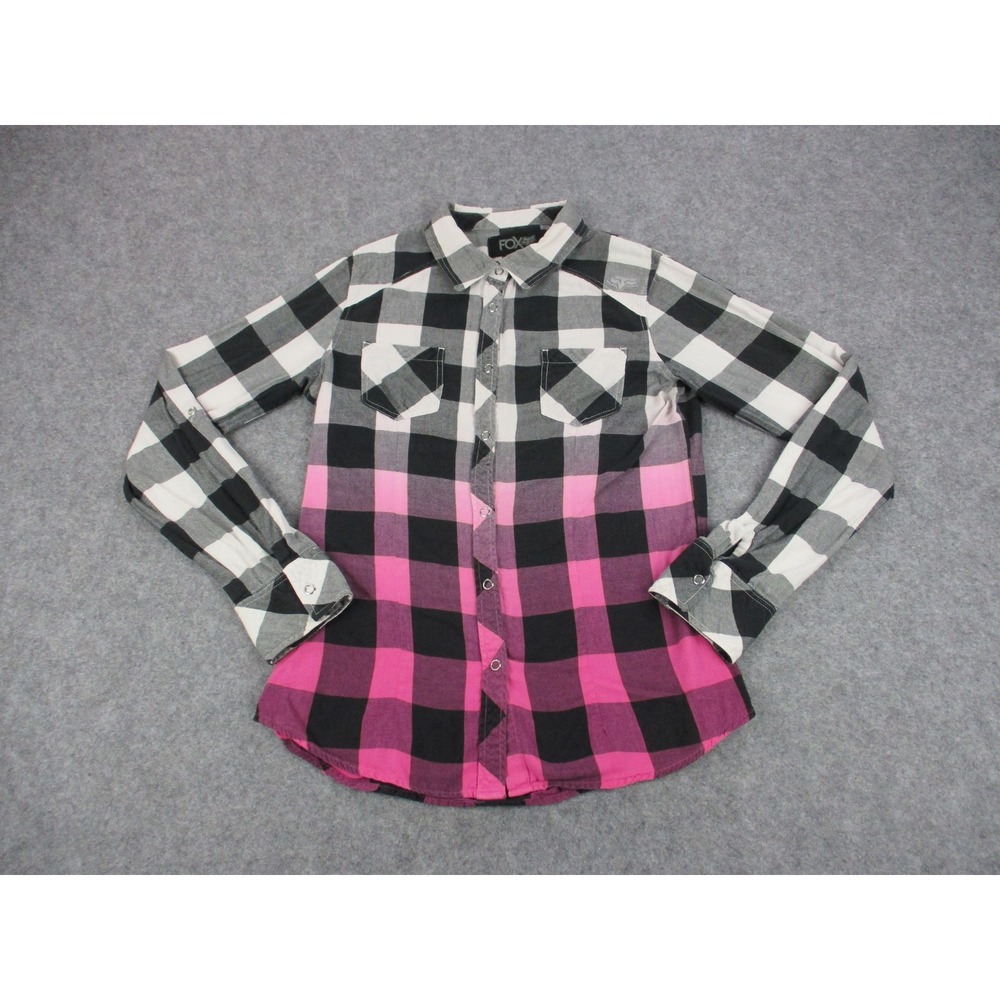 Fox Shirt Womens Medium Black White Pink Ombre Plaid Flannel Snap Button Top